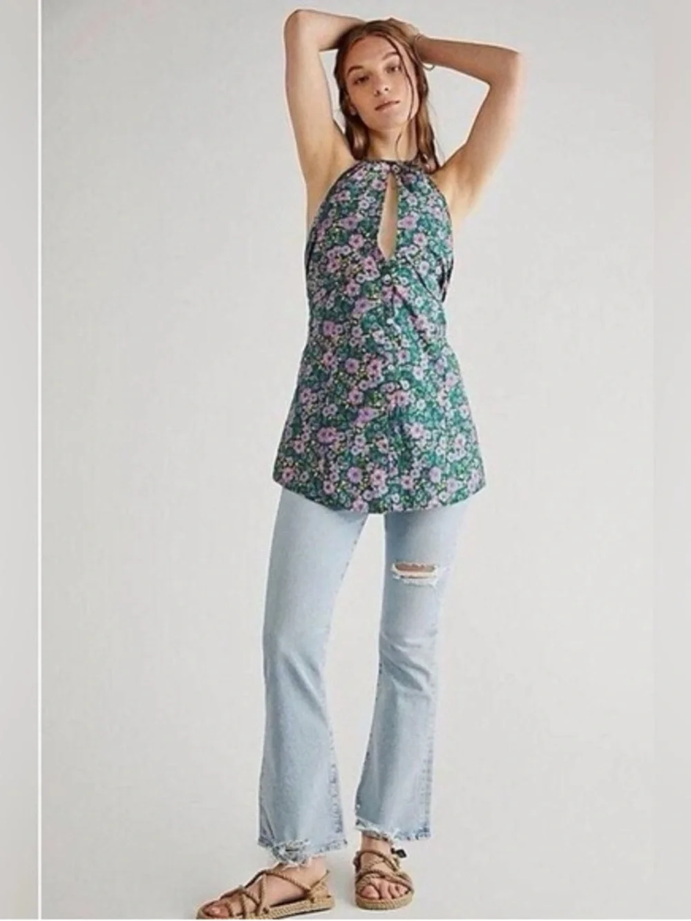 NWOT Free People Lyla Halter Tunic Top in Ditzy Floral Size XS Z448